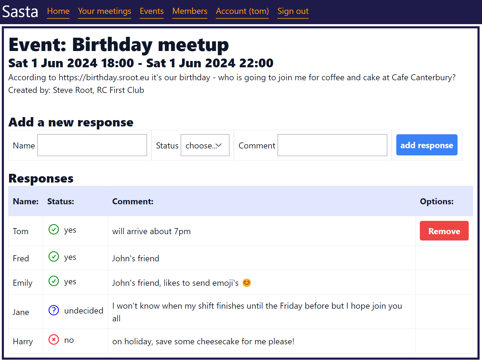 Screenshot of how responding to an event looks